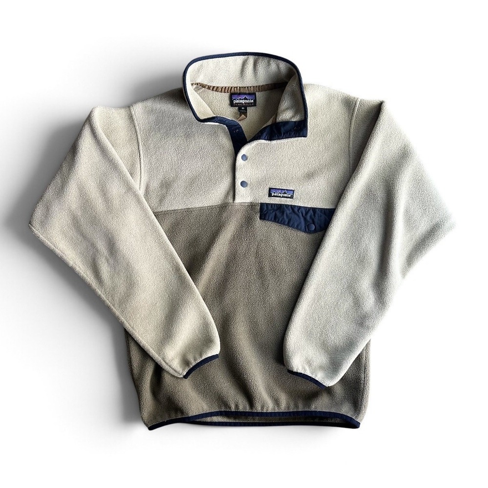 Patagonia Snap-T Fleece Synchilla Sweater Beige Navy Long Sleeve Men's Size XS